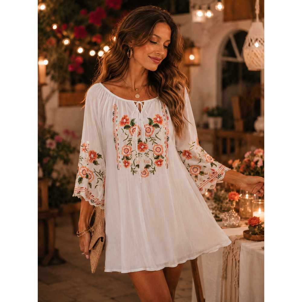 Chic Connection White Embroidered Floral Tunic Dress Bohemian Peasant Beachy M